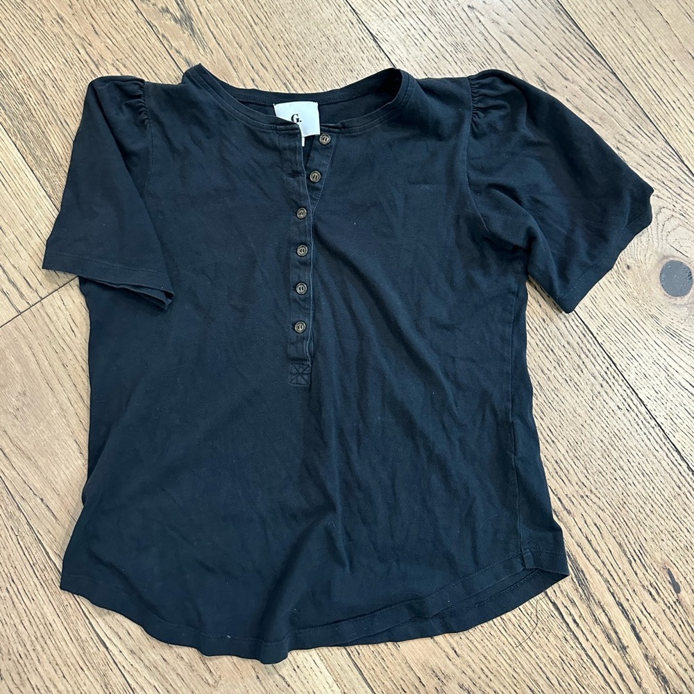 G. Label by Goop Karmanos Henley Tee Top Black Puff Sleeve Organic Cotton